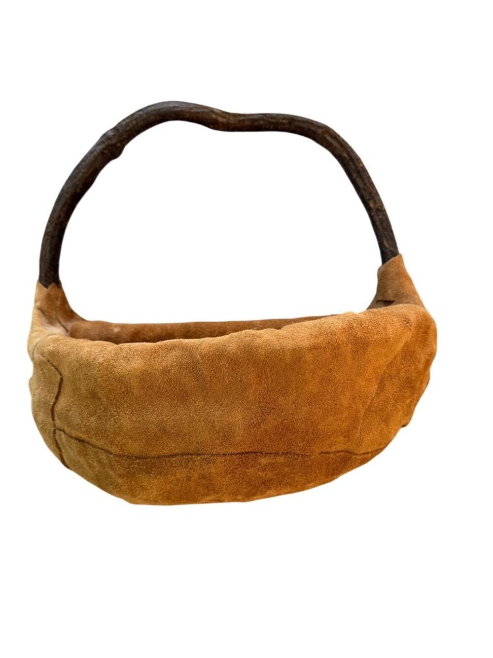 Vintage Handmade Bent Wood Suede Covered Wall Basket Brown Hobo Artist Signed